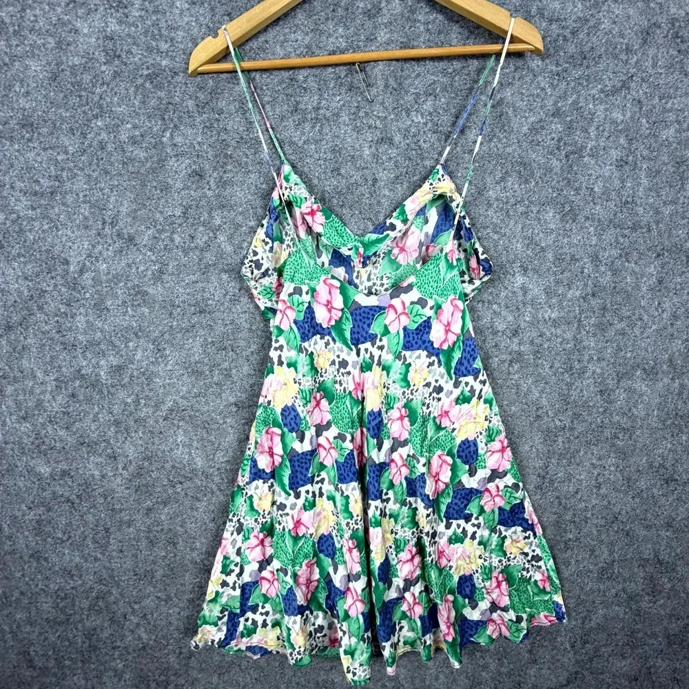 Vintage Victorias Secret Silk Slip Dress Women Medium Green Blue Floral Chemise
